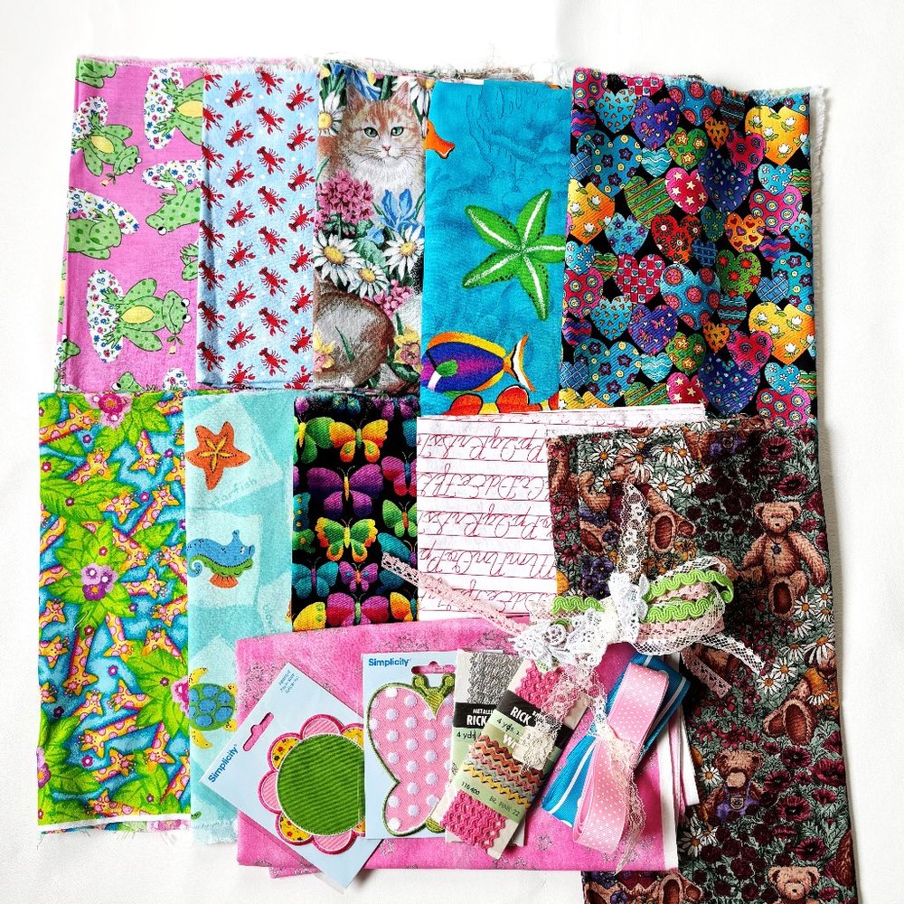 Novelty Scrap Fabric Lot#1, Trims Buttons, Lace, Patches Cotton